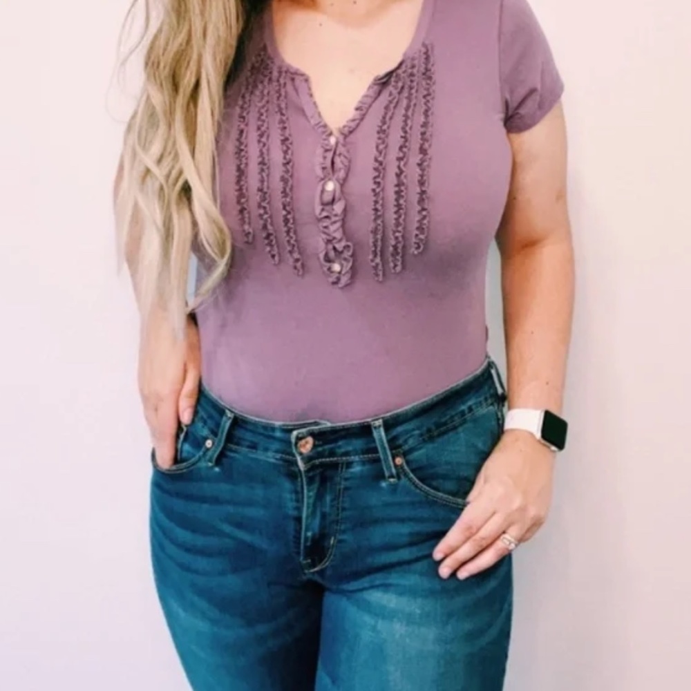 Eddie Bauer V-Neck Short Sleeve Top Purple Medium